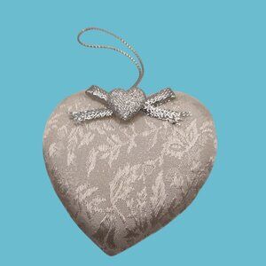 White Brocade Valentine Ornament Silver Heart Wedding Anniversary Party